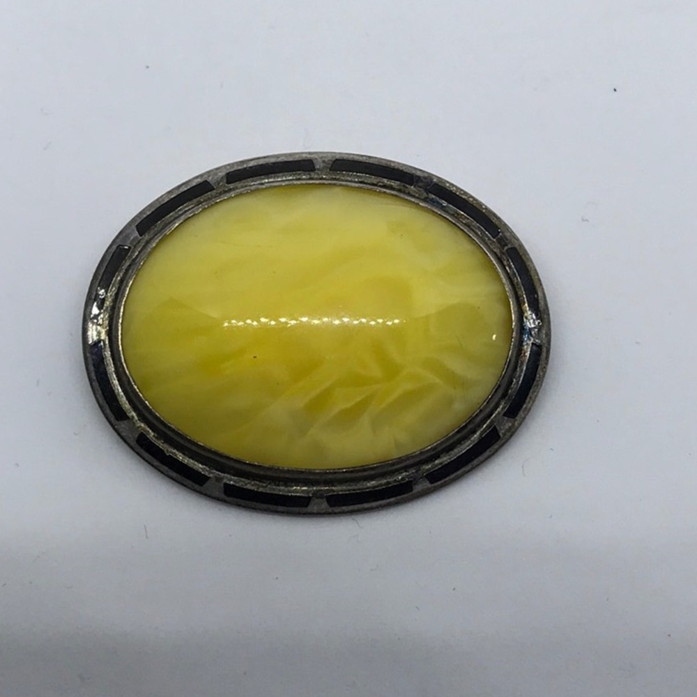Sterling & Black Enamel Framed Yellow Brooch